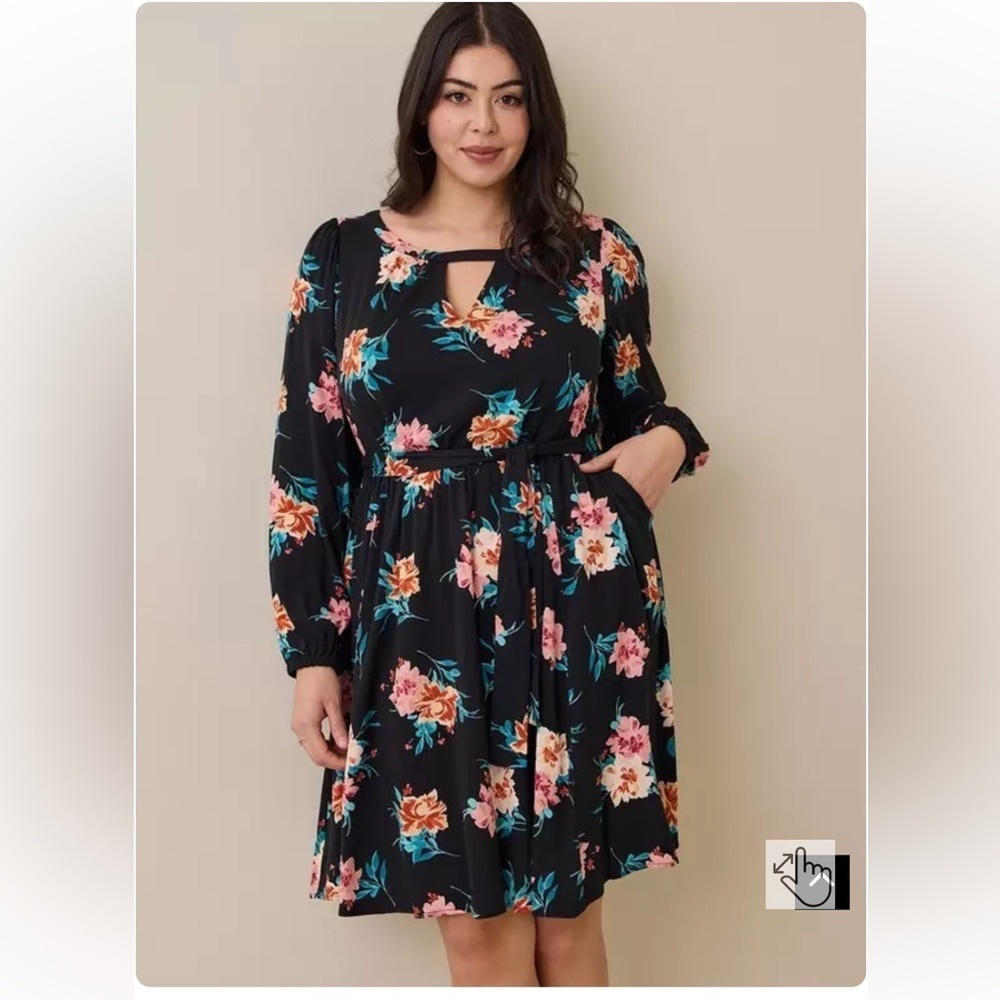 Torrid Black Ballet Floral Mini Stretch Challis Aline Dress 2X 18/20 Tie Waist